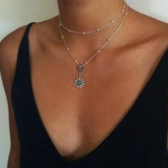 Silver Double Layer Sunflower Pendant Necklace - Picture 1 of 5